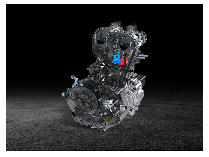 MOTOR. Monocilíndrico. 312 cc. 4 válvulas. 35 Hp. Inyección eletrónica Delphi. Refrigeración líquida.