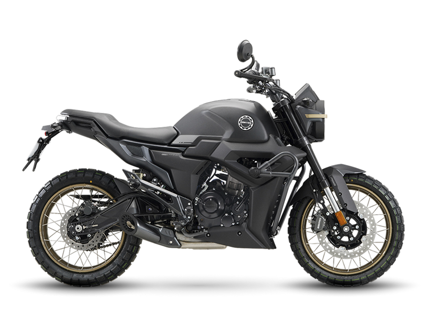 Zontes motos en Uruguay - Moto Zontes 200G en color gris oscuro con silueta lateral y estilo de inspiración scrambler. Zontes motos en Uruguay - Zontes 200G gris oscuro de perfil con llantas de rayos doradas y neumáticos de dibujo mixto.