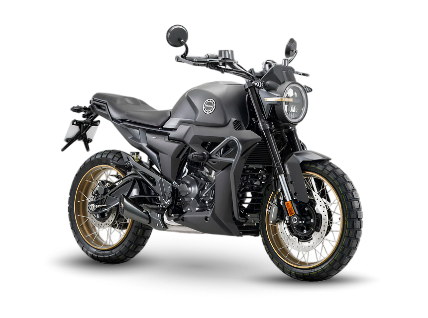 Zontes motos en Uruguay - Moto Zontes 200G gris con frente elevado, faro circular y diseño de líneas firmes. Zontes motos en Uruguay - Zontes 200G gris oscuro con faro redondo, ruedas de rayos doradas y vista en ángulo sobre fondo negro.