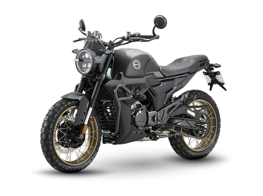 Zontes motos en Uruguay - Moto Zontes 200G gris con faro circular, depósito marcado y postura compacta. Zontes motos en Uruguay - Zontes 200G gris oscuro con faro redondo, ruedas de rayos doradas y vista en ángulo sobre fondo negro.