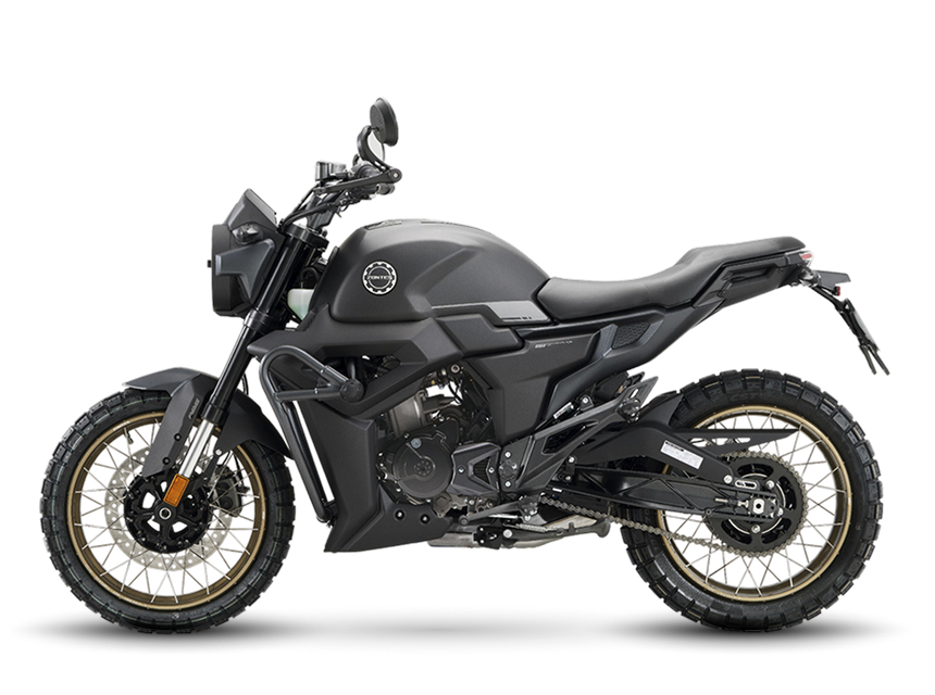 Zontes motos en Uruguay - Moto Zontes 200G gris con vista lateral y diseño de inspiración scrambler. Zontes motos en Uruguay - Zontes 200G gris oscuro de perfil con llantas de rayos doradas, asiento recto y silueta compacta.
