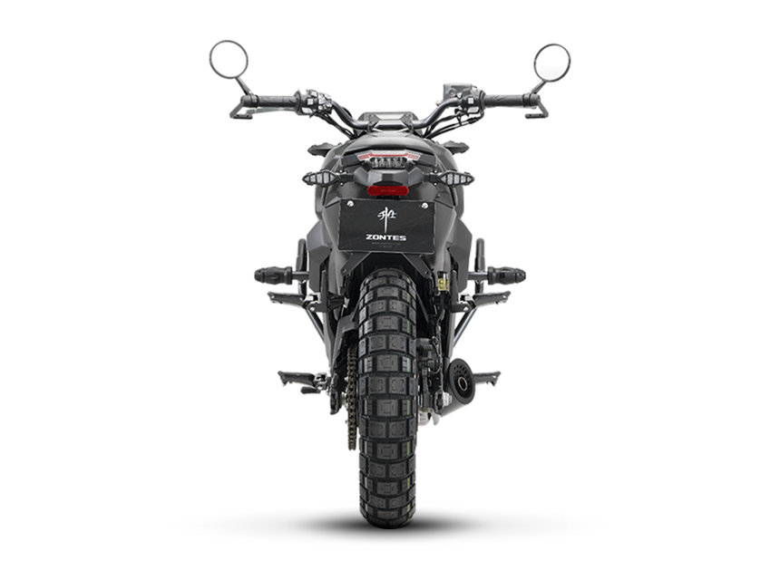 Zontes motos en Uruguay - Moto Zontes 200G vista trasera con silueta recta y diseño compacto. Zontes motos en Uruguay - Zontes 200G de espaldas con neumático trasero ancho, espejos altos y faro posterior centrado.