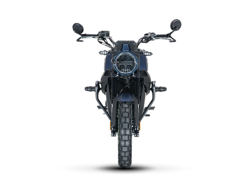 Zontes motos en Uruguay - Moto Zontes 200G frontal con diseño simétrico y faro redondo como rasgo central. Zontes motos en Uruguay - Zontes 200G de frente con faro circular, espejos altos y neumático delantero de dibujo mixto.