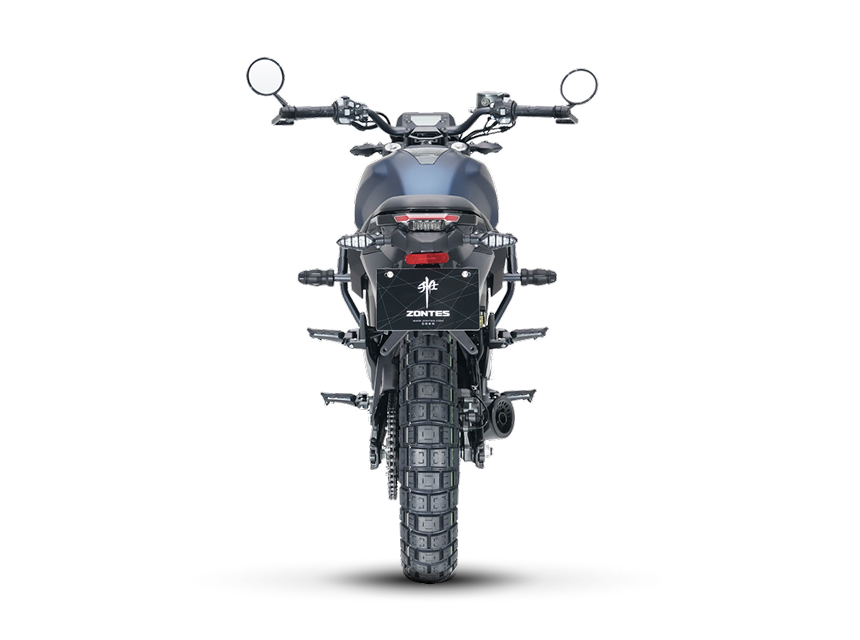 Zontes motos en Uruguay - Moto Zontes 200G vista trasera con silueta recta y diseño compacto. Zontes motos en Uruguay - Zontes 200G de espaldas con neumático trasero ancho, espejos altos y faro posterior centrado.