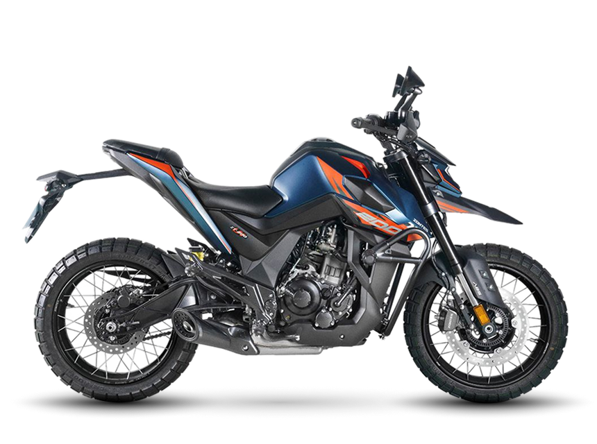 Zontes motos en Uruguay - Zontes 200U azul y negra de perfil con ruedas de rayos, asiento escalonado y detalles naranjas.