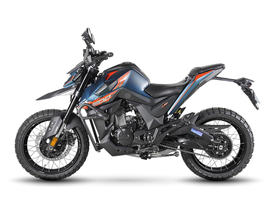 Zontes motos en Uruguay - Zontes 200U azul y negra de perfil con ruedas de rayos, asiento escalonado y detalles naranjas.