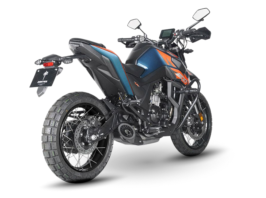 Zontes motos en Uruguay - Zontes 200U azul y negra vista trasera en ángulo con ruedas de rayos y detalles naranjas.