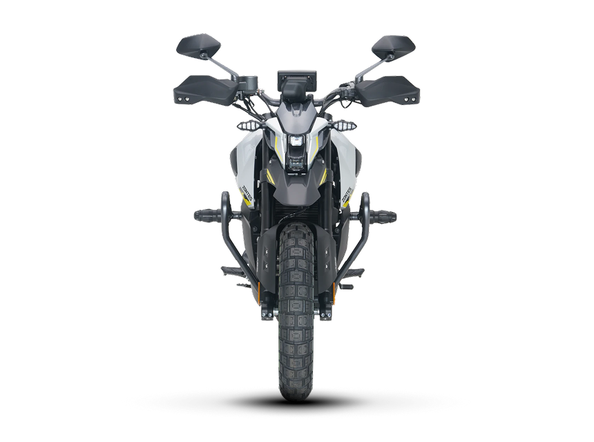 Zontes motos en Uruguay - Zontes 200U de frente con rueda delantera centrada, espejos altos y faro vertical anguloso.