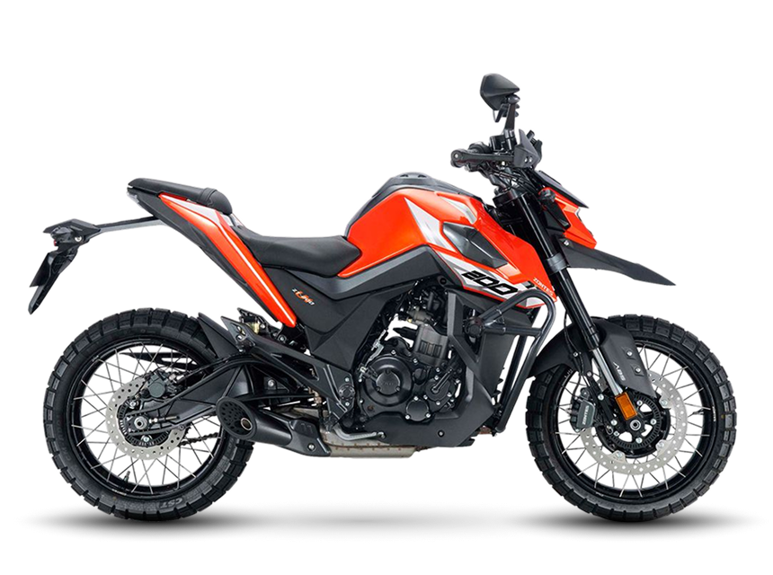 Zontes motos en Uruguay - Zontes 200U naranja y negra de perfil con ruedas de rayos, asiento escalonado y líneas angulosas.