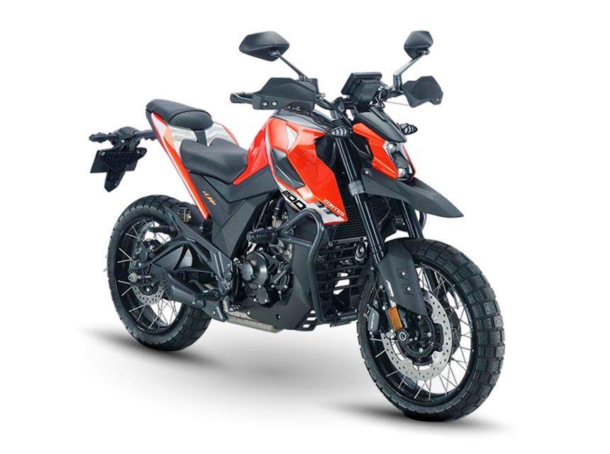 Zontes motos en Uruguay - Zontes 200U naranja y negra con frente anguloso, ruedas de rayos y vista en ángulo sobre fondo negro.