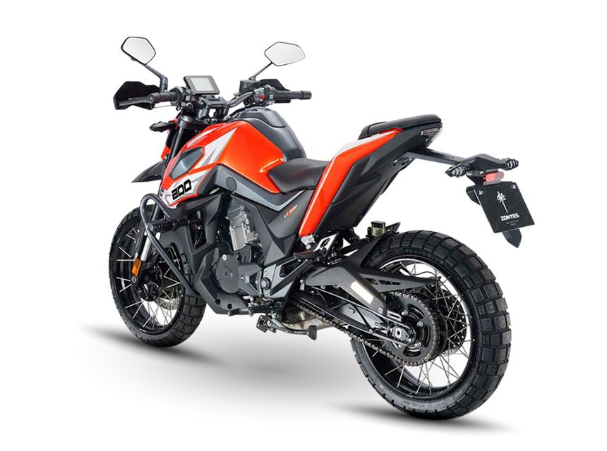 Zontes motos en Uruguay - Zontes 200U naranja y negra vista trasera en ángulo con ruedas de rayos y detalles claros en la carrocería.