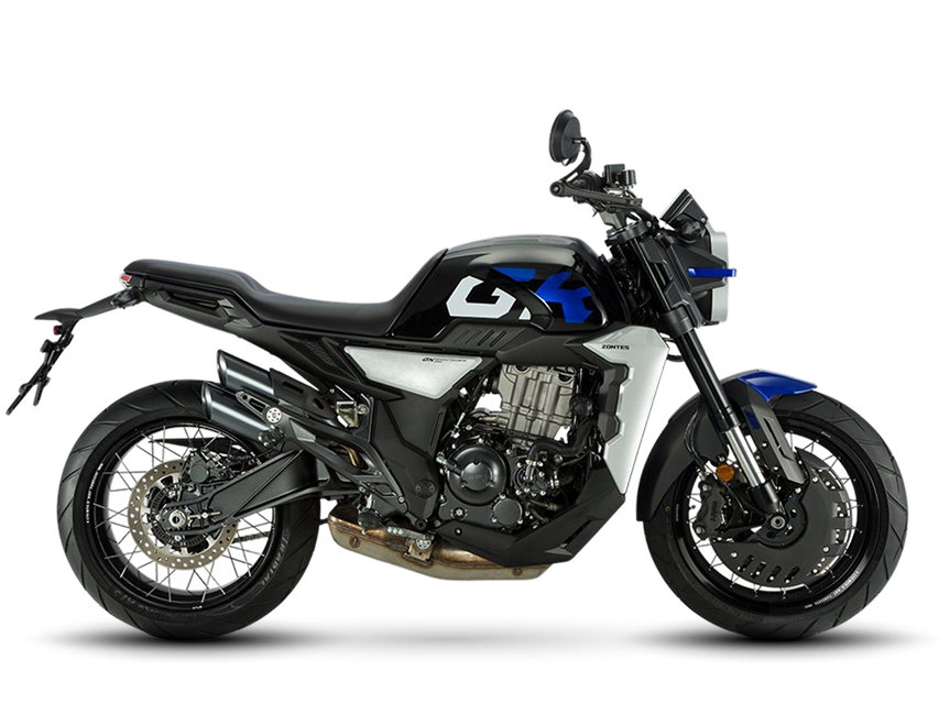 Zontes motos en Uruguay - Moto Zontes 350GK en color negro, gris y azul con silueta lateral y estilo neo retro. Zontes motos en Uruguay - Zontes 350GK negra, gris y azul de perfil con faro redondo, ruedas de rayos y asiento corrido.