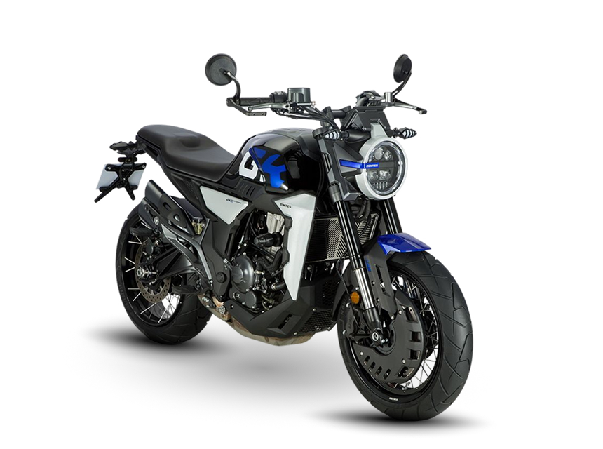 Zontes motos en Uruguay - Moto Zontes 350GK frontal con diseño simétrico y faro circular como rasgo principal. Zontes motos en Uruguay - Zontes 350GK de frente con faro redondo, espejos altos y rueda delantera centrada.