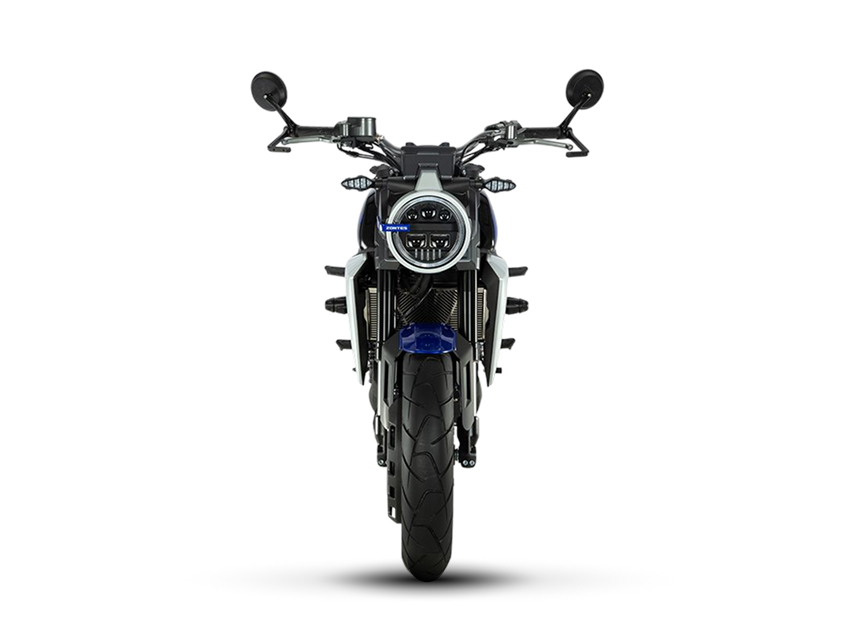 Zontes motos en Uruguay - Moto Zontes 350GK negra y azul con frente marcado y diseño de inspiración neo retro. Zontes motos en Uruguay - Zontes 350GK negra, gris y azul con faro redondo, ruedas de rayos y vista en ángulo sobre fondo claro.