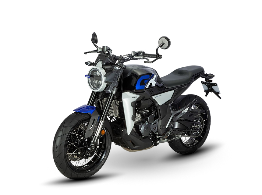 Zontes motos en Uruguay - Moto Zontes 350GK negra y azul con postura compacta y diseño de líneas marcadas. Zontes motos en Uruguay - Zontes 350GK negra, gris y azul con faro redondo, ruedas de rayos y vista en ángulo sobre fondo claro.