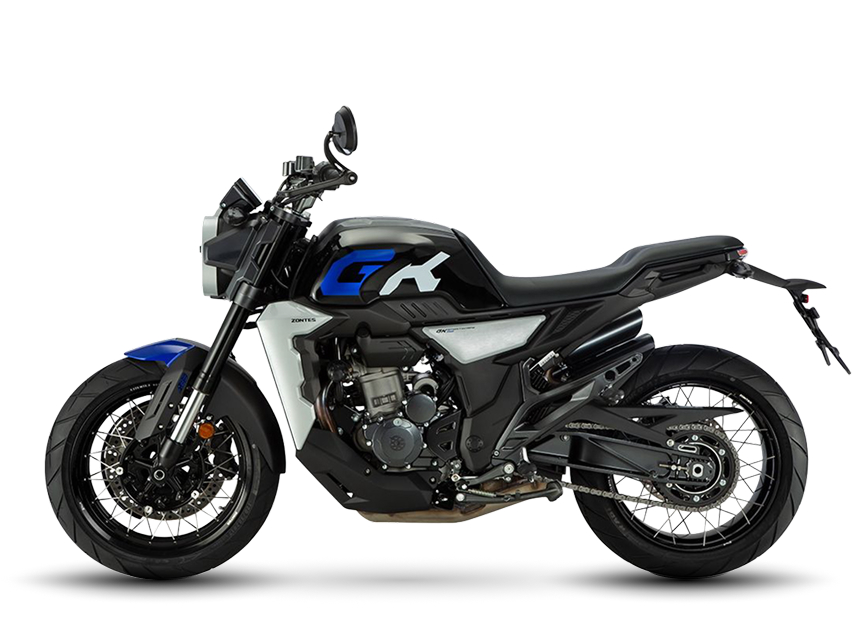 Zontes motos en Uruguay - Moto Zontes 350GK en color negro, gris y azul con silueta lateral y detalles deportivos. Zontes motos en Uruguay - Zontes 350GK negra, gris y azul de perfil con ruedas de rayos, asiento corrido y doble escape lateral.