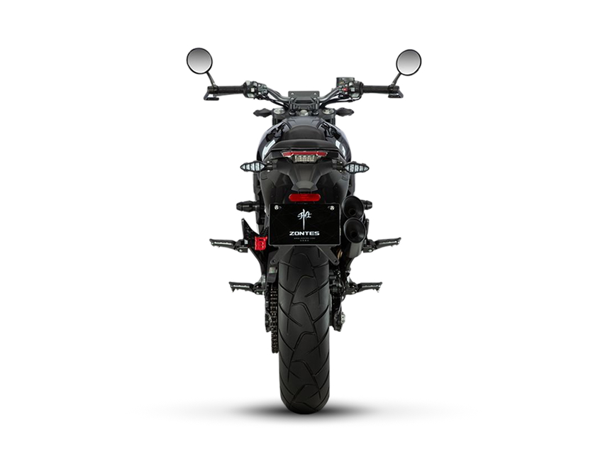 Zontes motos en Uruguay - Moto Zontes 350GK vista trasera con silueta recta y diseño compacto. Zontes motos en Uruguay - Zontes 350GK de espaldas con neumático trasero ancho, espejos altos y faro posterior centrado.