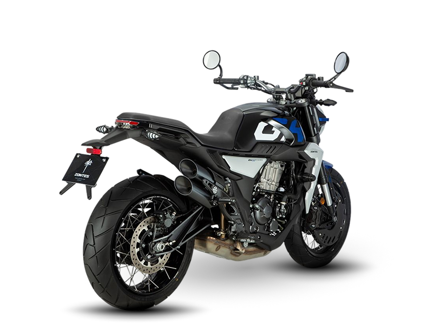 Zontes motos en Uruguay - Moto Zontes 350GK negra y azul con ángulo posterior y diseño de líneas robustas. Zontes motos en Uruguay - Zontes 350GK negra, gris y azul vista trasera en ángulo con doble escape lateral y rueda ancha.