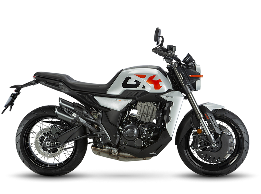 Zontes motos en Uruguay - Moto Zontes 350GK gris con silueta lateral y estilo neo retro. Zontes motos en Uruguay - Zontes 350GK gris y negra de perfil con faro redondo, ruedas de rayos y detalles naranjas.