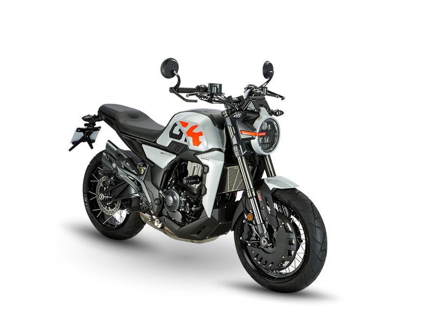 Zontes motos en Uruguay - Moto Zontes 350GK gris con frente marcado y diseño de inspiración neo retro. Zontes motos en Uruguay - Zontes 350GK gris y negra con faro redondo, ruedas de rayos y vista en ángulo.