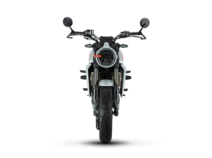 Zontes motos en Uruguay - Moto Zontes 350GK frontal con diseño simétrico y faro circular destacado. Zontes motos en Uruguay - Zontes 350GK de frente con faro redondo, espejos altos y rueda delantera centrada.