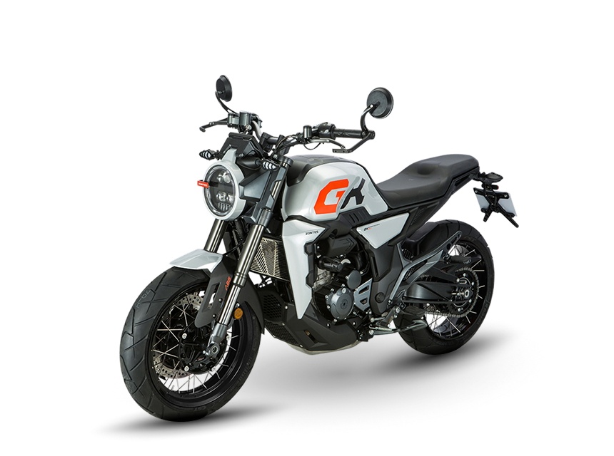 Zontes motos en Uruguay - Moto Zontes 350GK gris con líneas marcadas y postura compacta. Zontes motos en Uruguay - Zontes 350GK gris y negra con faro redondo, ruedas de rayos y vista en ángulo.