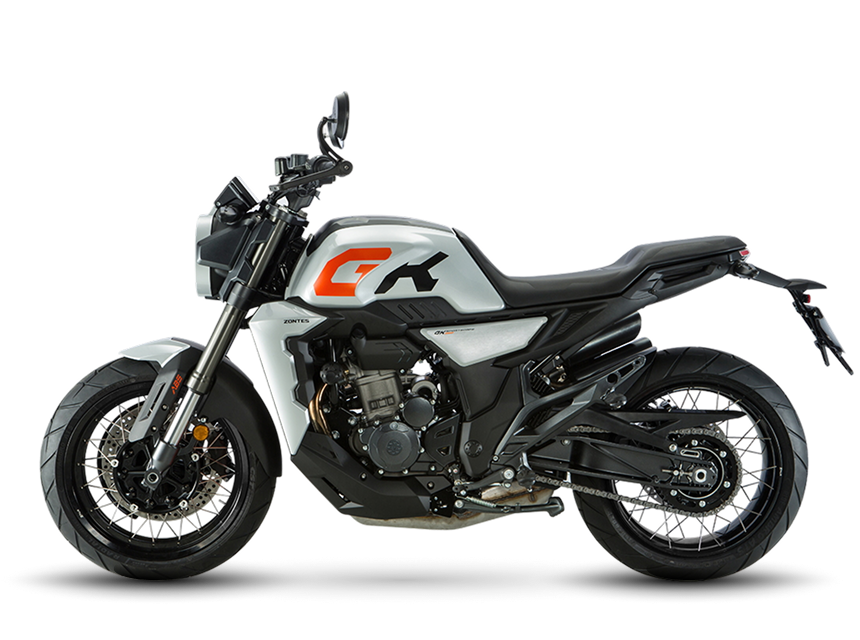 Zontes motos en Uruguay - Moto Zontes 350GK gris con silueta lateral y detalles deportivos. Zontes motos en Uruguay - Zontes 350GK gris y negra de perfil con ruedas de rayos, asiento corrido y doble escape lateral.