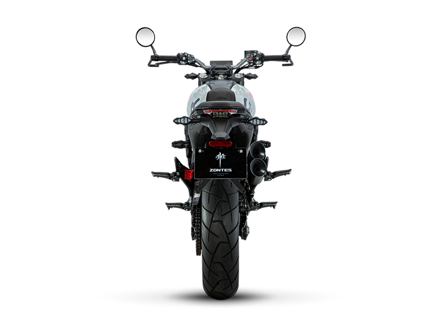 Zontes motos en Uruguay - Moto Zontes 350GK vista trasera con silueta recta y diseño compacto. Zontes motos en Uruguay - Zontes 350GK de espaldas con neumático trasero ancho, espejos altos y faro posterior centrado.