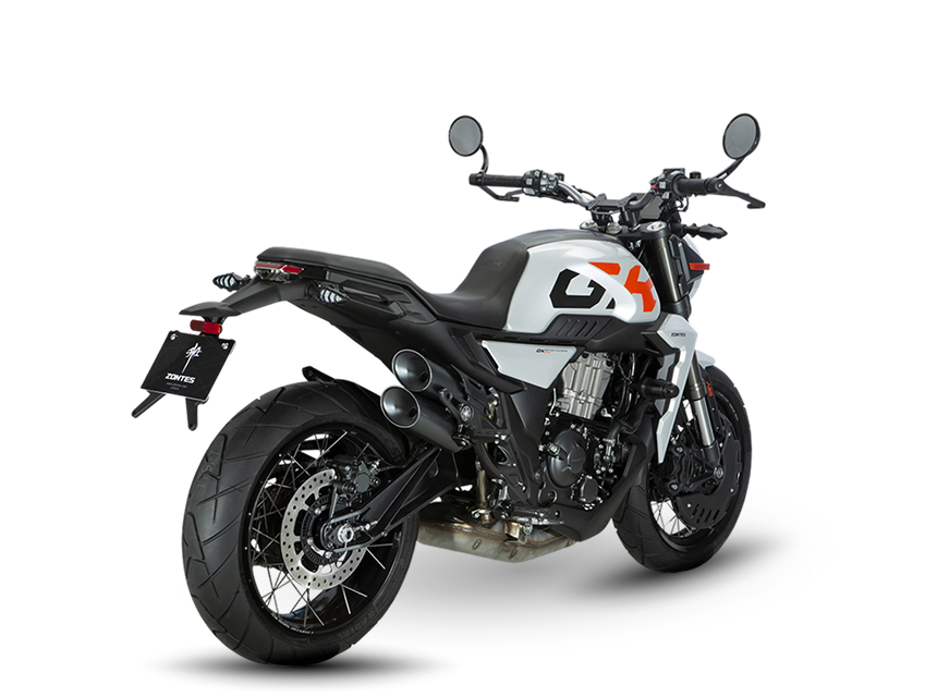 Zontes motos en Uruguay - Moto Zontes 350GK gris con ángulo posterior y líneas robustas. Zontes motos en Uruguay - Zontes 350GK gris y negra vista trasera en ángulo con doble escape lateral y rueda ancha.