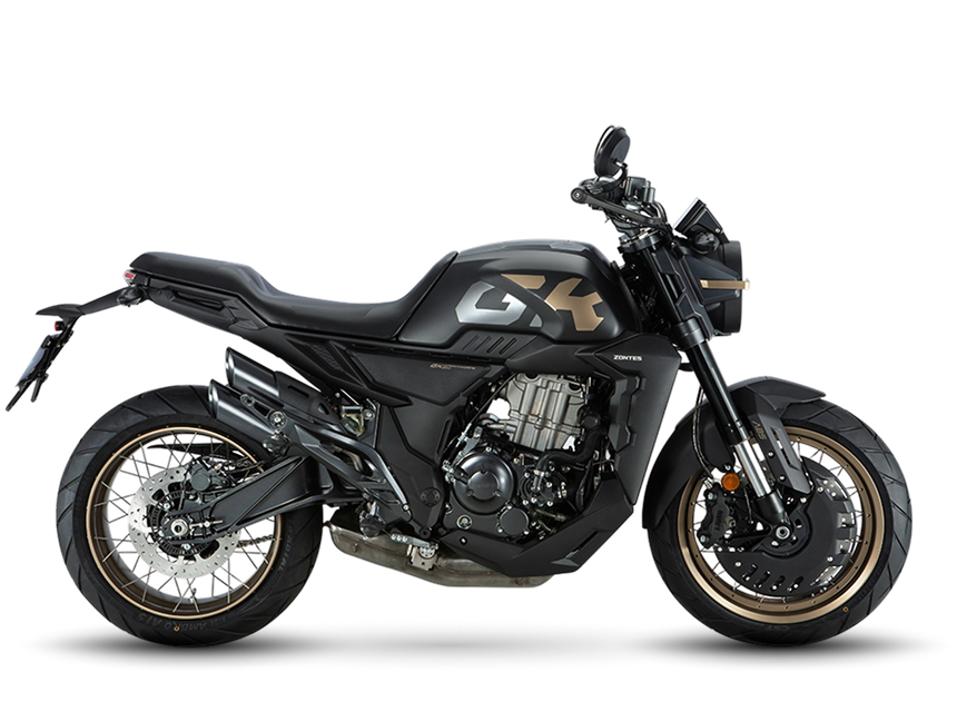 Zontes motos en Uruguay - Moto Zontes 350GK negra con silueta lateral y estilo neo retro. Zontes motos en Uruguay - Zontes 350GK negra de perfil con faro redondo, ruedas de rayos y detalles dorados.