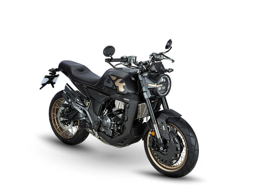 Zontes motos en Uruguay - Moto Zontes 350GK negra con frente marcado y diseño de inspiración neo retro. Zontes motos en Uruguay - Zontes 350GK negra con faro redondo, ruedas de rayos y vista en ángulo.