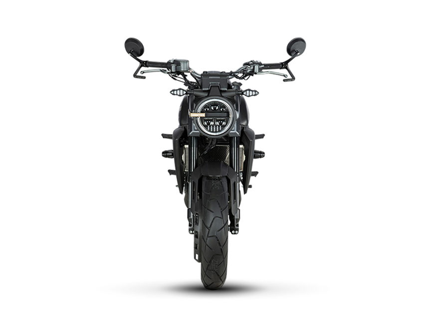 Zontes motos en Uruguay - Moto Zontes 350GK frontal con diseño simétrico y faro circular destacado. Zontes motos en Uruguay - Zontes 350GK de frente con faro redondo, espejos altos y rueda delantera centrada.
