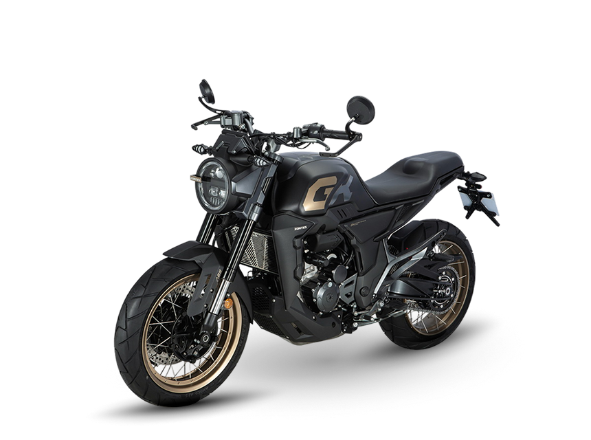 Zontes motos en Uruguay - Moto Zontes 350GK negra con líneas marcadas y postura compacta. Zontes motos en Uruguay - Zontes 350GK negra con faro redondo, ruedas de rayos y vista en ángulo.
