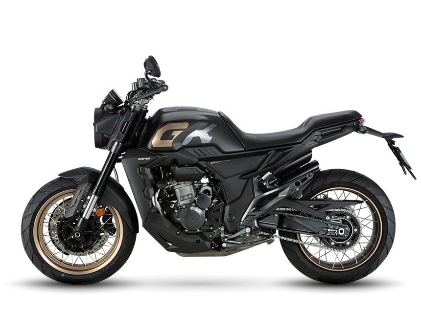 Zontes motos en Uruguay - Moto Zontes 350GK negra con silueta lateral y detalles deportivos. Zontes motos en Uruguay - Zontes 350GK negra de perfil con ruedas de rayos, asiento corrido y doble escape lateral.