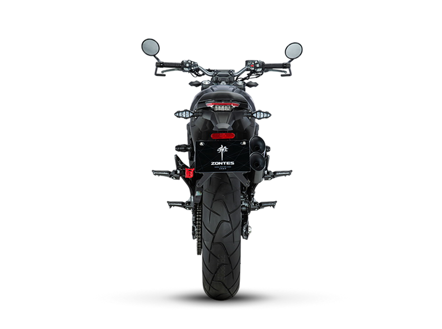 Zontes motos en Uruguay - Moto Zontes 350GK vista trasera con silueta recta y diseño compacto. Zontes motos en Uruguay - Zontes 350GK de espaldas con neumático trasero ancho, espejos altos y faro posterior centrado.