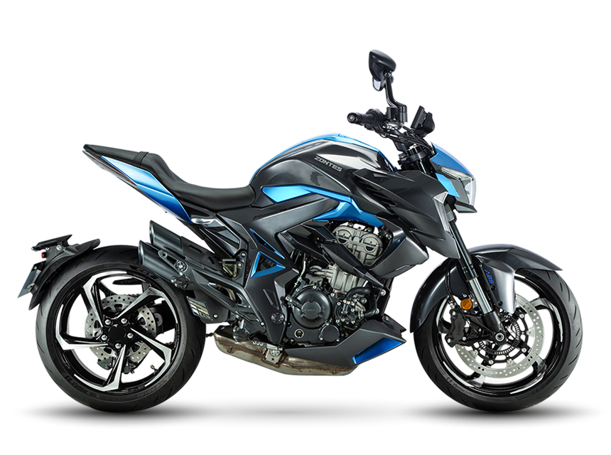 Zontes motos en Uruguay - Zontes 350R azul con vista lateral izquierda. Zontes motos en Uruguay - Zontes 350R azul y negra de perfil izquierdo sobre fondo transparente.