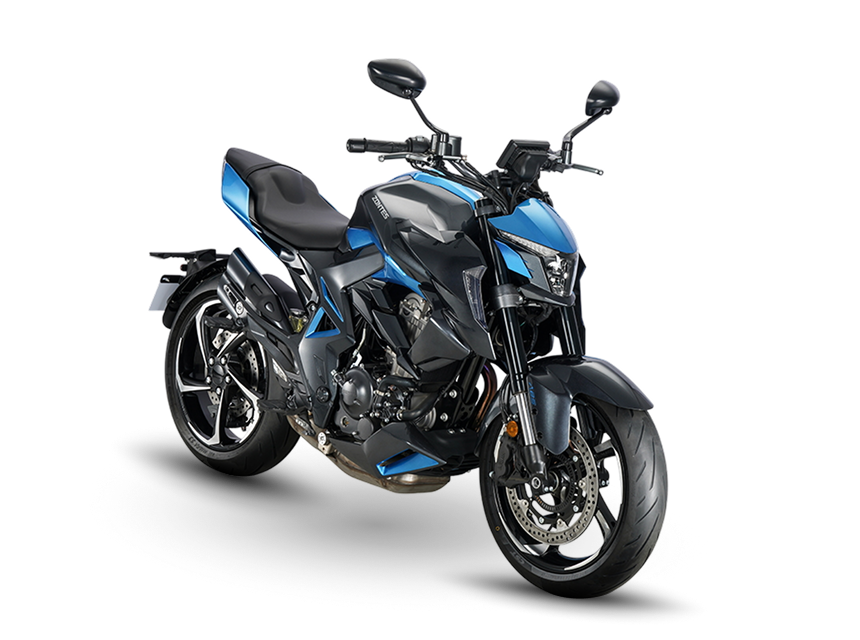 Zontes motos en Uruguay - Zontes 350R azul con vista frontal derecha. Zontes motos en Uruguay - Zontes 350R azul y negra en vista tres cuartos delantera derecha.