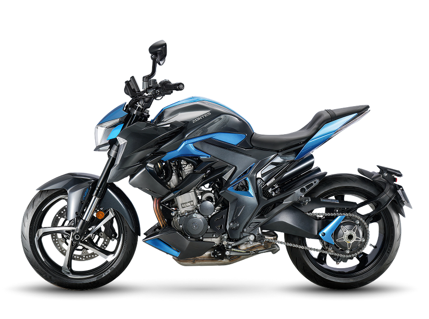 Zontes motos en Uruguay - Zontes 350R azul con vista lateral izquierdo. Zontes motos en Uruguay - Zontes 350R azul y negra de perfil izquierdo sobre fondo transparente.
