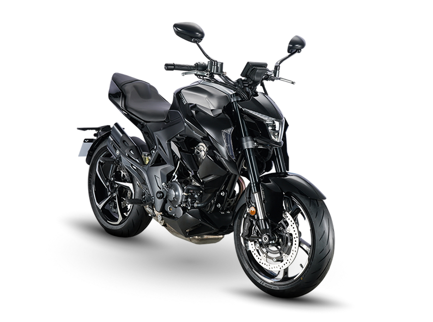 Zontes motos en Uruguay - Zontes 350R negra con vista delantera derecha. Zontes motos en Uruguay - Zontes 350R negra y gris en vista tres cuartos delantera derecha.