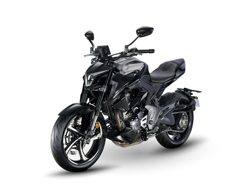 Zontes motos en Uruguay - Zontes 350R negra con vista frontal izquierda. Zontes motos en Uruguay - Zontes 350R negra y gris en vista tres cuartos delantera izquierda.