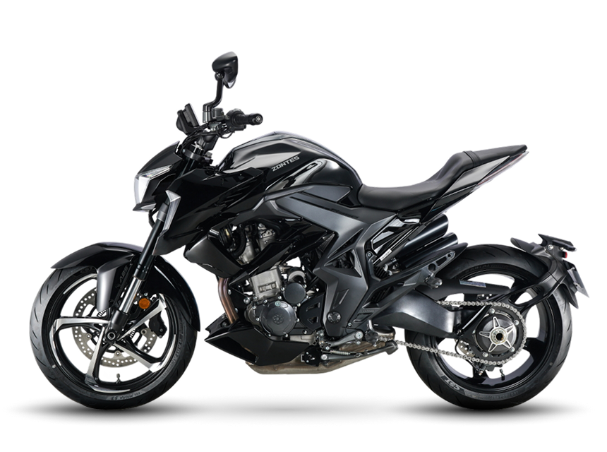 Zontes motos en Uruguay - Zontes 350R negra con vista lateral izquierda. Zontes motos en Uruguay - Zontes 350R negra y gris de perfil izquierdo sobre fondo transparente.