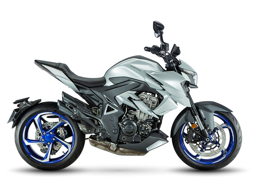 Zontes motos en Uruguay - Zontes 350R gris con vista lateral derecha. Zontes motos en Uruguay - Zontes 350R gris claro con llantas azules de perfil derecho.
