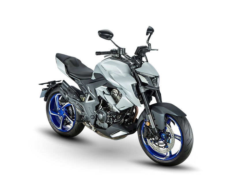 Zontes motos en Uruguay - Zontes 350R gris con vista delantera derecha. Zontes motos en Uruguay - Zontes 350R gris claro con llantas azules en vista tres cuartos delantera derecha.