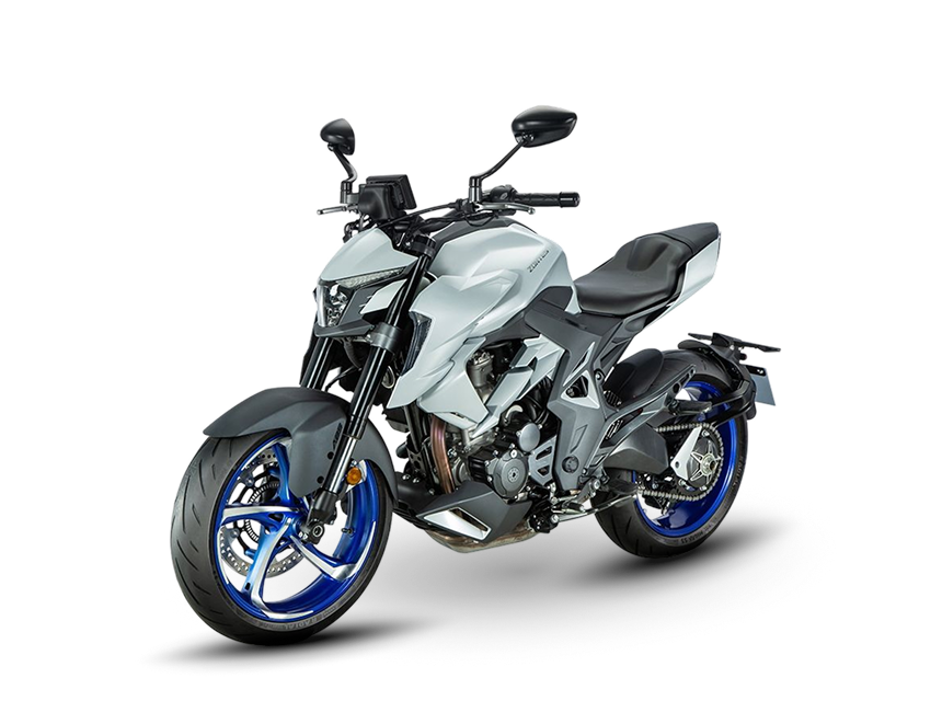 Zontes motos en Uruguay - Zontes 350R gris con vista frontal izquierda. Zontes motos en Uruguay - Zontes 350R gris claro con llantas azules en vista tres cuartos delantera izquierda.