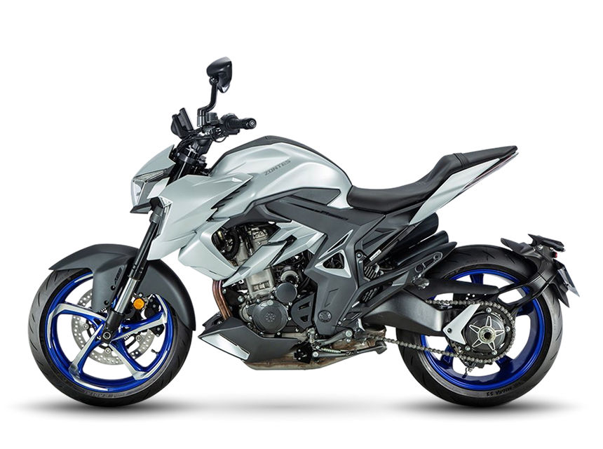 Zontes motos en Uruguay - Zontes 350R gris con vista lateral izquierda. Zontes motos en Uruguay - Zontes 350R gris claro con llantas azules de perfil izquierdo.