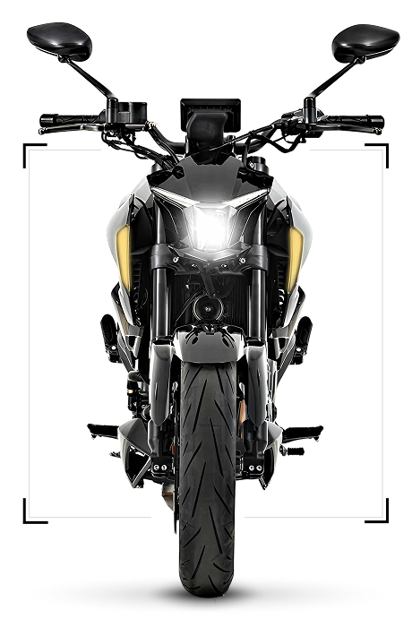 Zontes motos en Uruguay - Zontes 350R frontal con faro delantero encendido sobre fondo transparente.