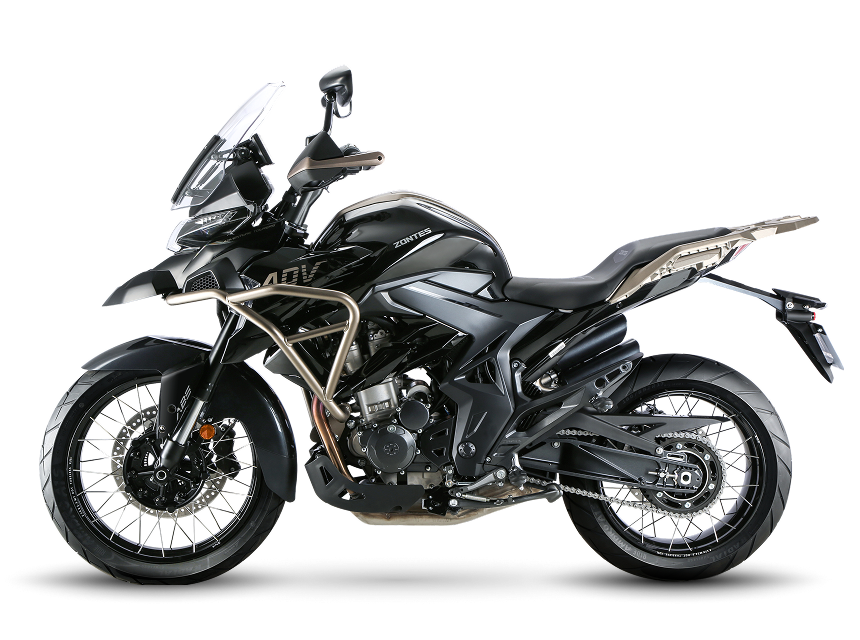 Zontes motos en Uruguay - Zontes 350T negra, vista lateral izquierda, con parabrisas alto, defensas tubulares y diseño touring adventure.