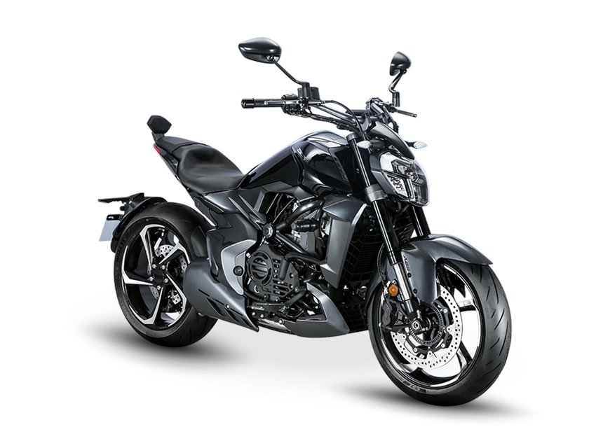 Zontes motos en Uruguay - Zontes 350V negra con frente definido, postura firme y detalles de estilo contemporaneo. Zontes motos en Uruguay - Zontes 350V negra con faro de formas marcadas, horquilla invertida y neumaticos de perfil ancho.