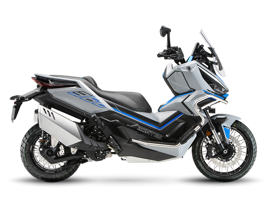 Zontes motos en Uruguay - Zontes 368G con lineas marcadas, asiento amplio y una presencia adventure de rasgos bien definidos. Zontes motos en Uruguay - Zontes 368G blanca con detalles azules, parabrisas regulable y una figura de gran continuidad entre frente y cola.