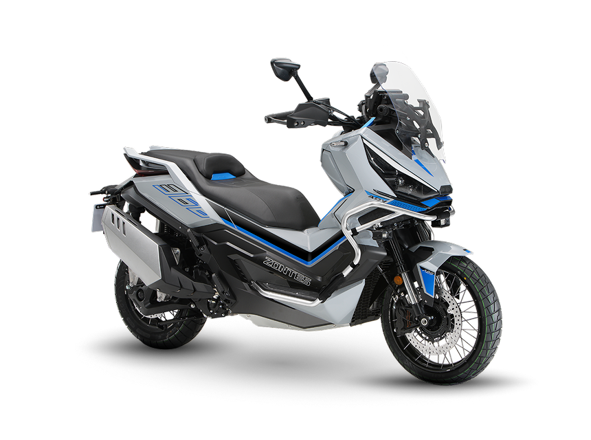 Zontes motos en Uruguay - Zontes 368G en perspectiva delantera con defensas visibles, carroceria envolvente y una imagen adventure moderna. Zontes motos en Uruguay - Zontes 368G blanca y azul con parabrisas alto, ruedas de rayos y un frente de rasgos angulosos muy marcados.